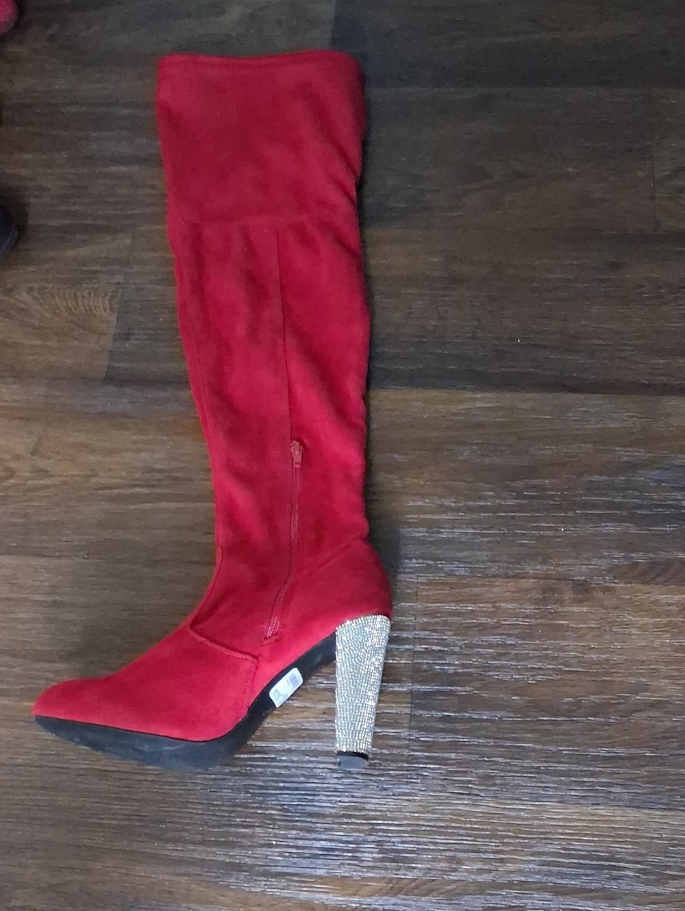 Red Over-the-Knee Women's Boot with Glitter Block Heel